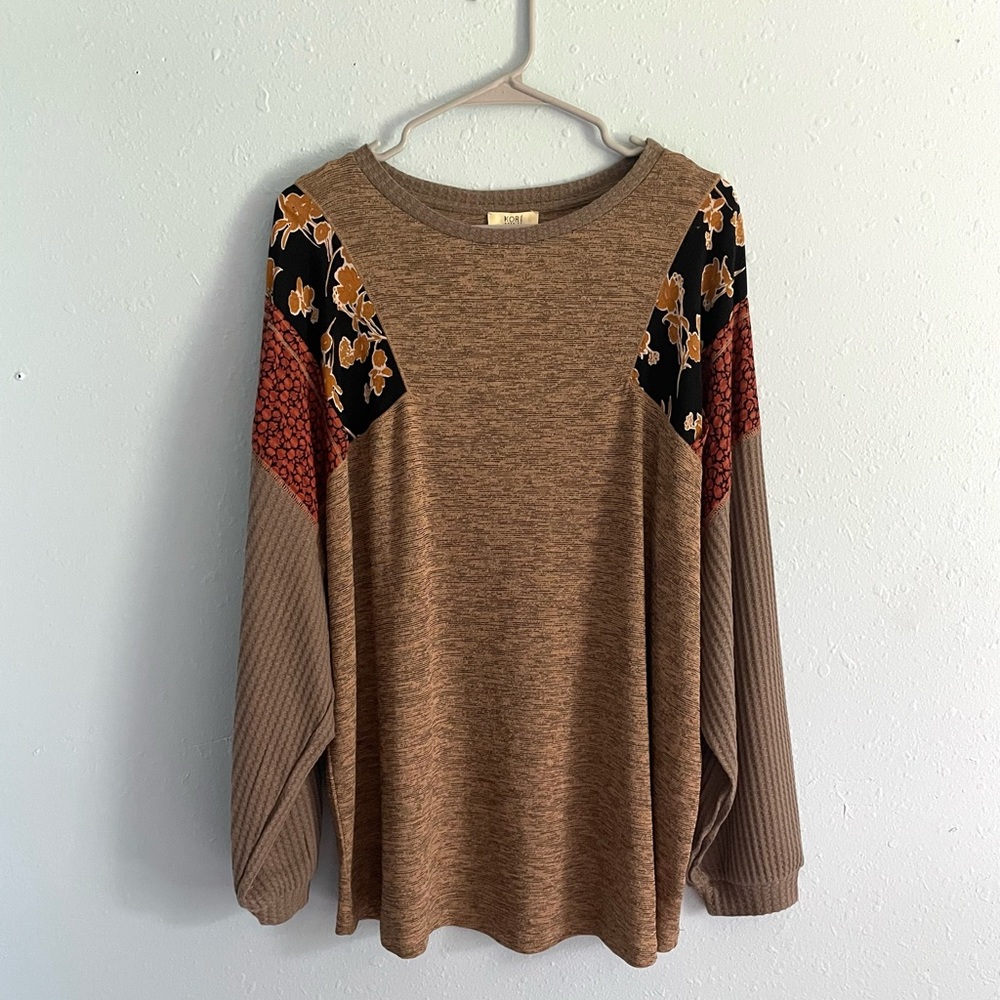 Brown mixed “media” fall top